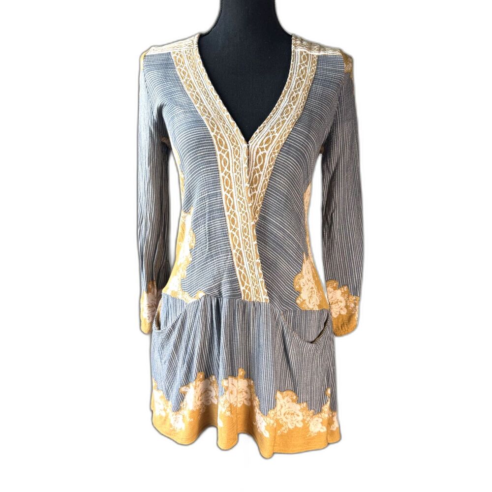 Size L Free People bohemian boho festival drop waist v neck tunic dress 10618